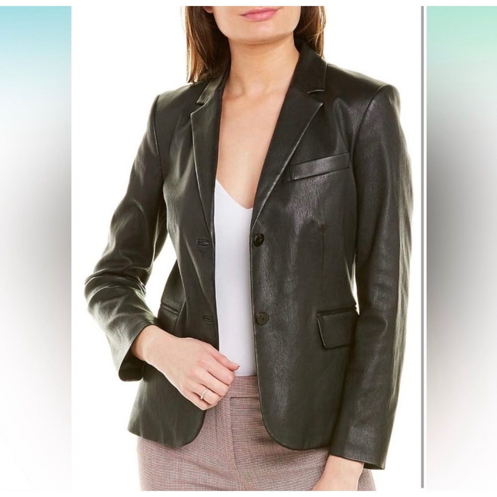 Theory Shrunken Jacket Sz 6 Bristol Lamb Leather Olive Green Blazer fitted